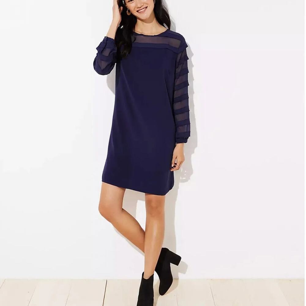LOFT Womens Dress Size XXL Ann Taylor Navy Blue Striped Sheer‎ Yoke Shift NEW